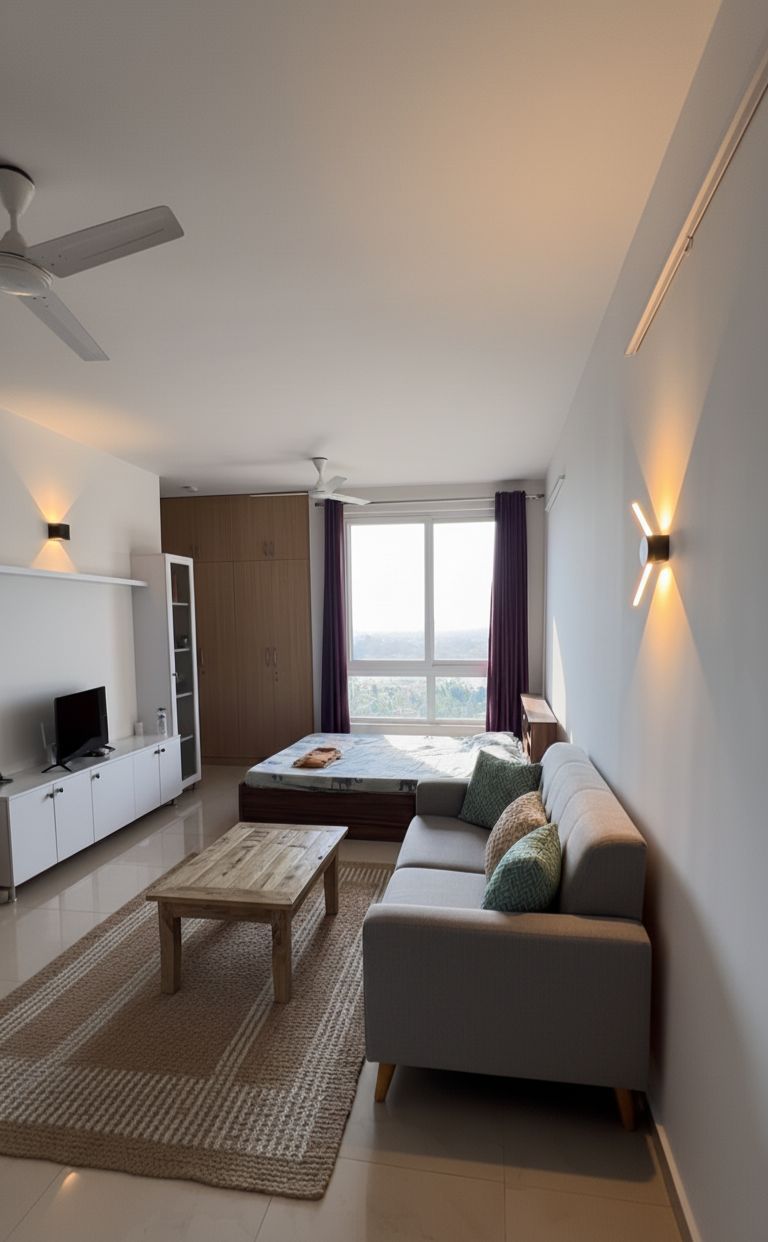 Modern apartment with large windows and minimalist decor